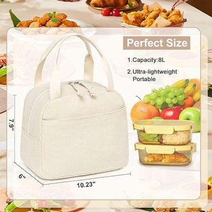 LEDAOU Lunch Box for Women Insulated Lunch Bag Corduroy Lunch Tote Bags Leakproof Cooler Lunch Case for Travel Work Picnic (Corduroy Solid Beige)