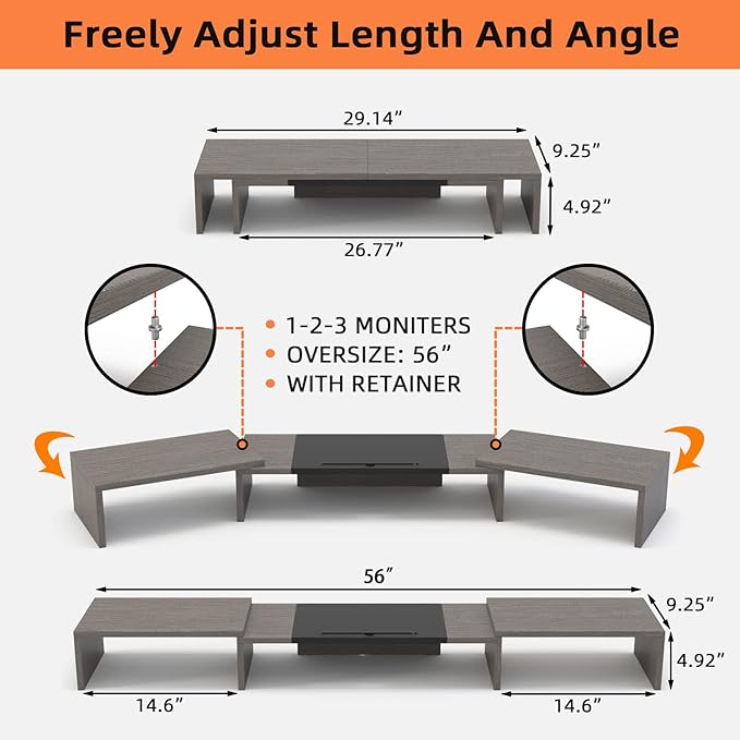 WESTREE Triple Dual Monitor Stand Riser, 56" Extra Long Monitor Stand for 1~2~3 Monitors, Monitor Stand with Length and Angle Adjustable, 3 Shelf Desktop Organizer Riser for Monitor Computer Laptop