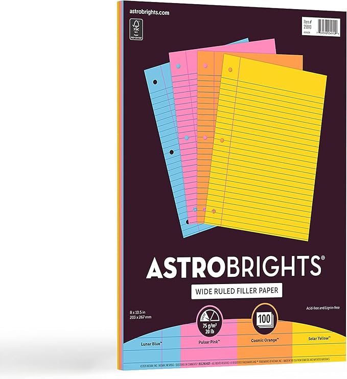 Astrobrights® Filler Paper, 8" x 10 1/2", Wide Ruled, 20 Lb, FSC® Certified, Assorted Colors, Pack Of 100 Sheets