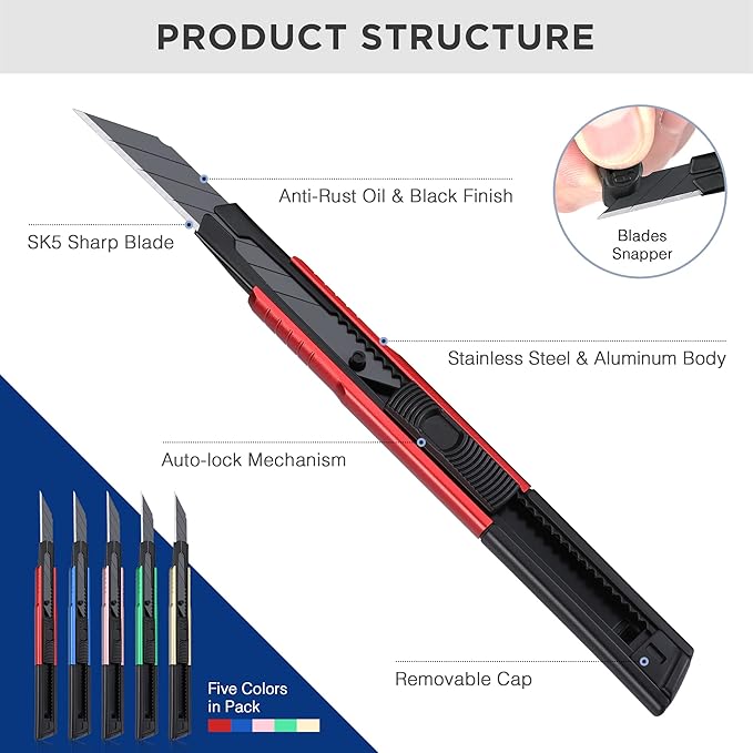 WORKPRO Premium Utility Knife Retractable Snap-off Blade, Heavy Duty Aluminum Box Cutter Set, Razor Knife Exacto Craft Knives, with 10 Extra 9mm Blades, Pack of 5