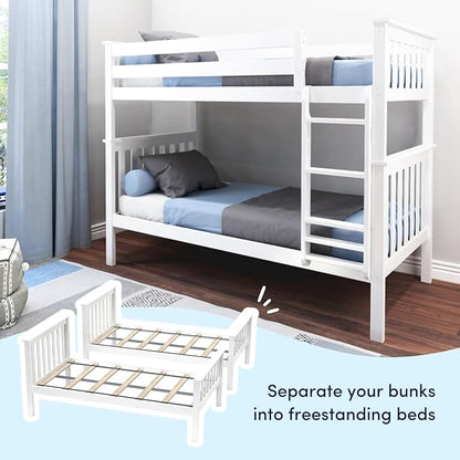 Max & Lily Bunk Bed Twin over Twin, Solid Wood Bunk Bed Frame with Ladder for Kids, 14" Safety Guardrails, Easy Assembly, No Box Spring Needed, White