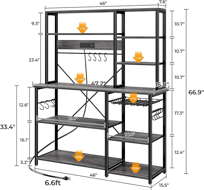 SUPERJARE Larger Bakers Rack with Power Outlets, 6-Tier Microwave Stand, Coffee Bar with 12 S-Shaped Hooks, Kitchen Shelf with Wire Basket, 47.2 x 15.5x 66.9 Inches, Grey