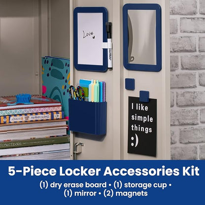 LockerMate 6-Piece Locker Organizer Kit, Includes Mirror, Whiteboard, Storage Cup & Dry Erase Marker, Navy