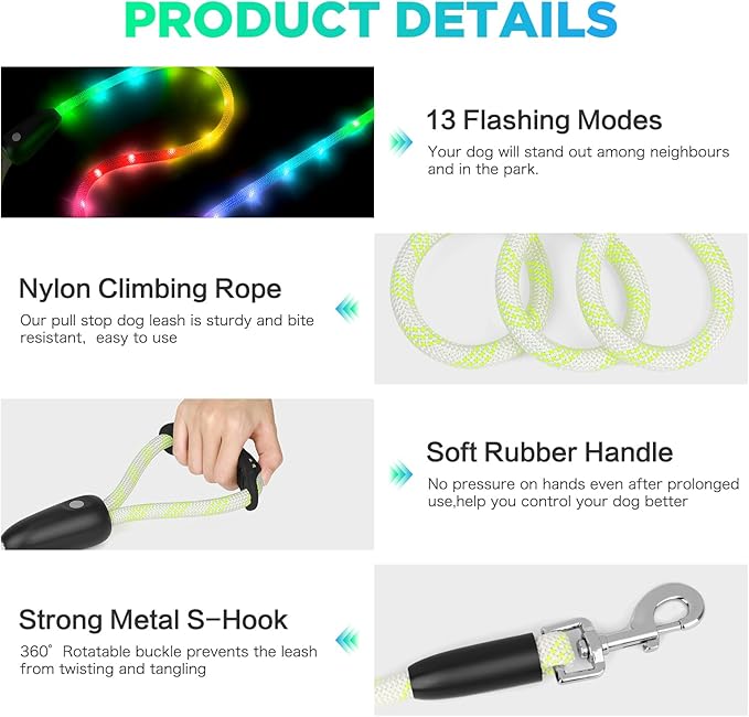 BSEEN Light Up Dog Leash - LED Dog Leash Type-C Rechargeable, 13 Lighting Modes, Glow in The Dark Pet Lead with Soft Handle for Small Medium Large Dogs Night Walking Safety (RGB, 6 Ft)
