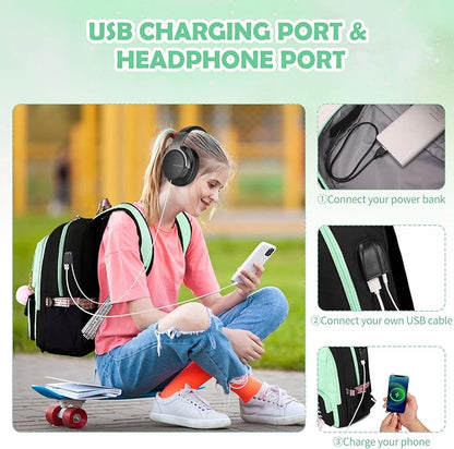 Backpacks for Girls, Girls Backpack with Lunch Box and Pencil Case for Teen Kids Elementary Middle High School College Student, Children Backpack Bookbag with USB Charging Port (Black Green)