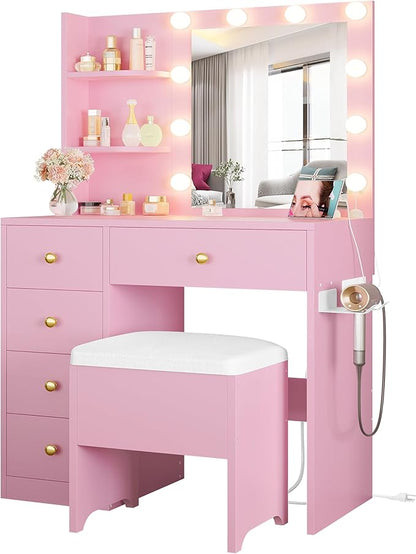 IRONCK Vanity Desk with Mirror and Lights, Small Makeup Vanity Table with 5 Drawers, Power Outlet, and Vanity Stool, 3 Lighting Colors, Dressing Table for Women Girls Bedroom, Pink