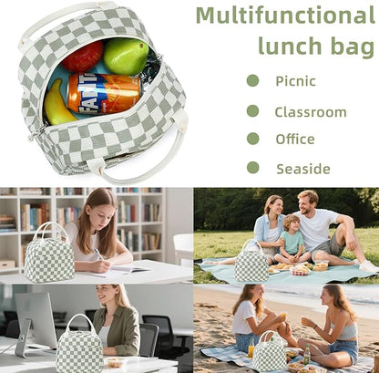 LEDAOU Lunch Box for Women Insulated Lunch Bag Corduroy Lunch Tote Bags Leakproof Cooler Lunch Case for Travel Work Picnic (Checked)
