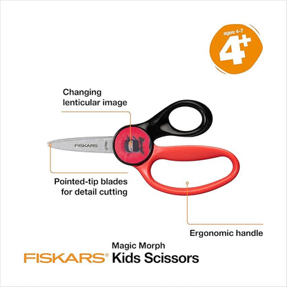 FISKARS Magic Morph Kids Scissors - Image Moves when Tilted - Pointed-tip for Ages 4+ - Fun Ninja Design - Back to School Supplies