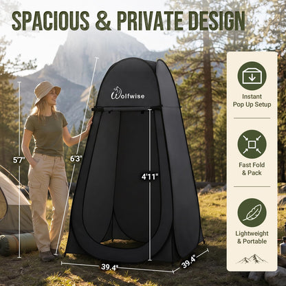 Wolfwise Pop Up Shower Tent for Camping Essentials, Portable Instant Changing Tent with Ventilation Window & Carry Bag, Privacy Dressing Room Bathroom Toilet for Beach, Outdoor, Standard, Black