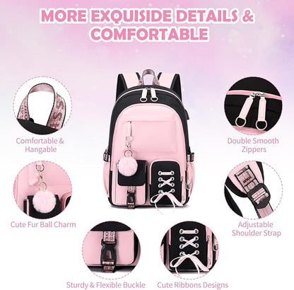 Backpacks for Girls, Girls Backpack with Lunch Box and Pencil Case for Teen Kids Elementary Middle High School College Student, Children School Backpack Bookbag with USB Charging Port (Pink)