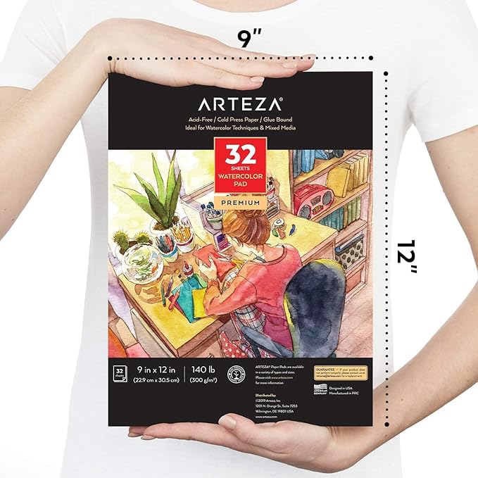 ARTEZA Watercolor Paper, Pack of 2, 32 Sheets Each, 9x12 Inch Watercolor Sketchbook, 140lb/300gsm, Cold Press, Acid Free Art Paper