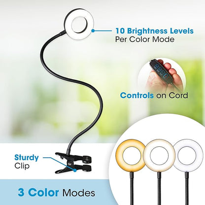 OttLite Capture Clip-On LED Desk Lamp and Ring Light for Desk, Use for Reading, Selfie, for Computer, ClearSun LED Technology, Dimmable with 3 Color Modes