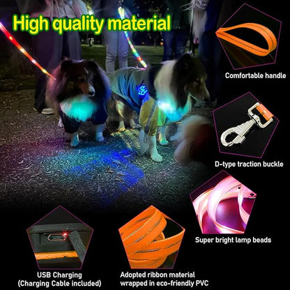 LED Waterproof Pet Dog Leash USB Rechargeable Fashionable Color Glow in The Dark Night Walk Safety Dog Leash for Medium to Large Dogs