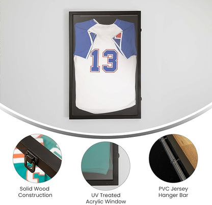 Flash Furniture Banks Jersey Display Case, Hanging PVC Tube, Velvet Lined Back, Foam Sheet Insert, Acrylic Window, Anti-Theft Lock with Keys, 24x36, Black