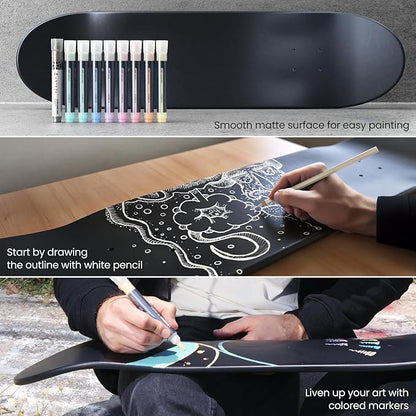 ARTEZA Customizable Skateboard Deck Art Kit – 31"x8" Matte Coated Maple Deck with Display Mount, Chrome Marker, White Pencil, Oil-Based Paint Markers & More