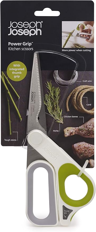 Joseph Joseph PowerGrip Kitchen Shears Scissors with Thumb Grip and Herb Stripper Separates for Cleaning Japanese Stainless-Steel, White/Green