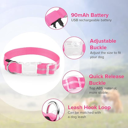 Light Up Dog Collar, Adjustable USB Rechargeable Glow in Dark Dog Collar ，Waterproof Dog Collars for Medium Dogs (Pink, Medium)