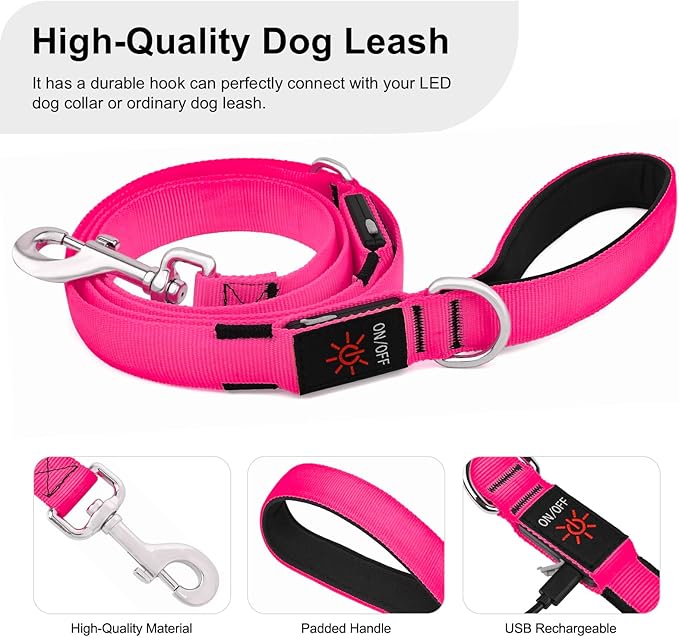 Colaseeme Light Up Dog Leash, LED Pet Leashes USB Rechargeable, Glow Safety Dogs Lights at Night (6FT,Pink)