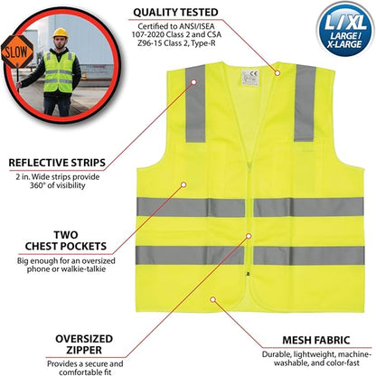 Performance Tool W1580 High-Visibility Reflective Safety Vest, Chest Pockets, Zip Closure, Neon Yellow