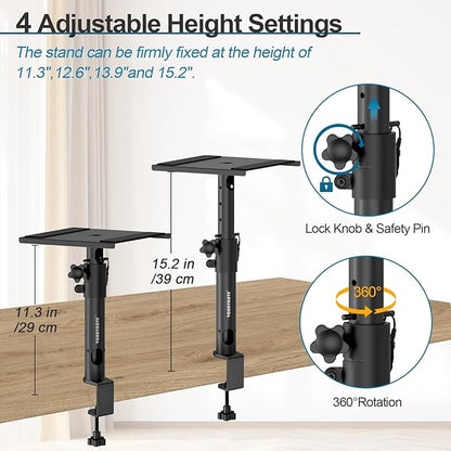 Set of 2 Sturdy Studio Monitor Stands Desktop Clamp Speaker Stands with Cable Management