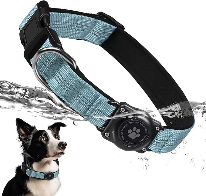 Upgraded AirTag Dog Collar, IP68 Waterproof Air Tag Dog Collar Holder, Reflective, Ultra-Durable, Comfortable Padded, Heavy Duty Dog Collars for Small Medium Large Dogs (S (10.6"-13.6"), LightBlue)