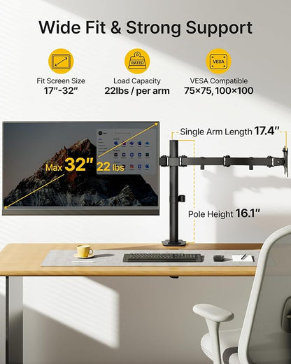 monTEK Stable Dual Monitor Stand for 17"–32” Computer Screens, Heavy-Duty Desk Mount with 22 lbs per Arm, Fully Adjustable Brackets and Arms, Clamp/Grommet Base, VESA 100×100mm Max