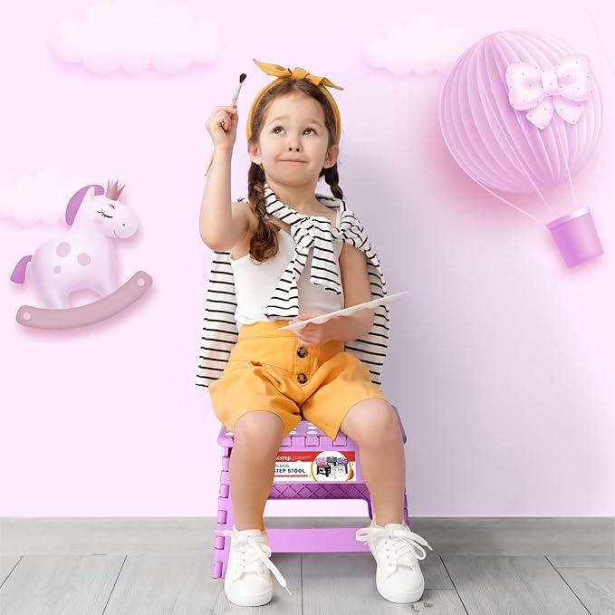 ACSTEP 9 Inch Folding Step Stool 300 LB Capacity Plastic Foldable Step Stools for Kids and Adults, Folding Stool Suitable for Kitchen, Stepping Stool with Handle Light Purple Small Step Stool 1PC