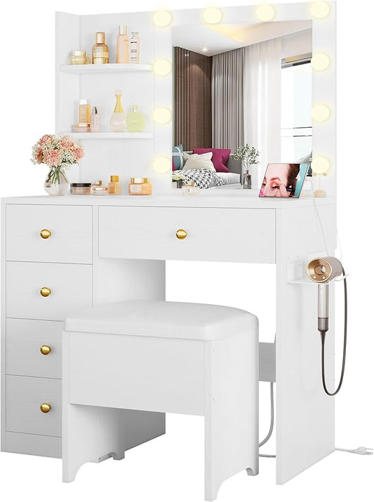IRONCK Vanity Desk with Mirror and Lights, Small Makeup Vanity Table with 5 Drawers, Power Outlet, and Vanity Stool, 3 Lighting Colors, Dressing Table for Women Girls Bedroom, White