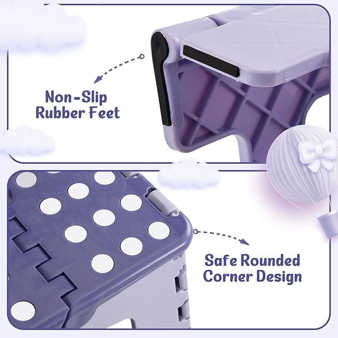 ACSTEP 9 Inch Folding Step Stool 300 LB Capacity Plastic Foldable Step Stools for Kids and Adults, Folding Stool Suitable for Kitchen, Stepping Stool with Handle Bicolor Purple Small Step Stool 1PC