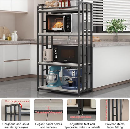 Adjustable 4-Tier Heavy Duty Kitchen Baker's Rack with Power Outlet, with Industrial Wheels, Free Standing Microwave Oven Cart Stand for Storage in Living Room, Garage, Greige