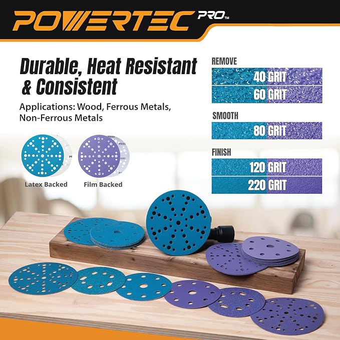 POWERTEC PRO 46100Z-150 6 Inch 49 Holes Sanding Disc, 150PK, 50 Each of 80/120/220 Grit, Zirconia Hook and Loop Sandpaper for Festool Random Orbital Sanders - Automotive, Paint, Metal, Woodworking