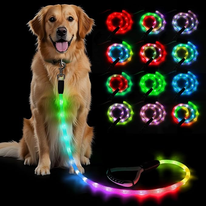 BSEEN Light Up Dog Leash - LED Dog Leash Type-C Rechargeable, 13 Lighting Modes, Glow in The Dark Pet Lead with Soft Handle for Small Medium Large Dogs Night Walking Safety (RGB, 6 Ft)
