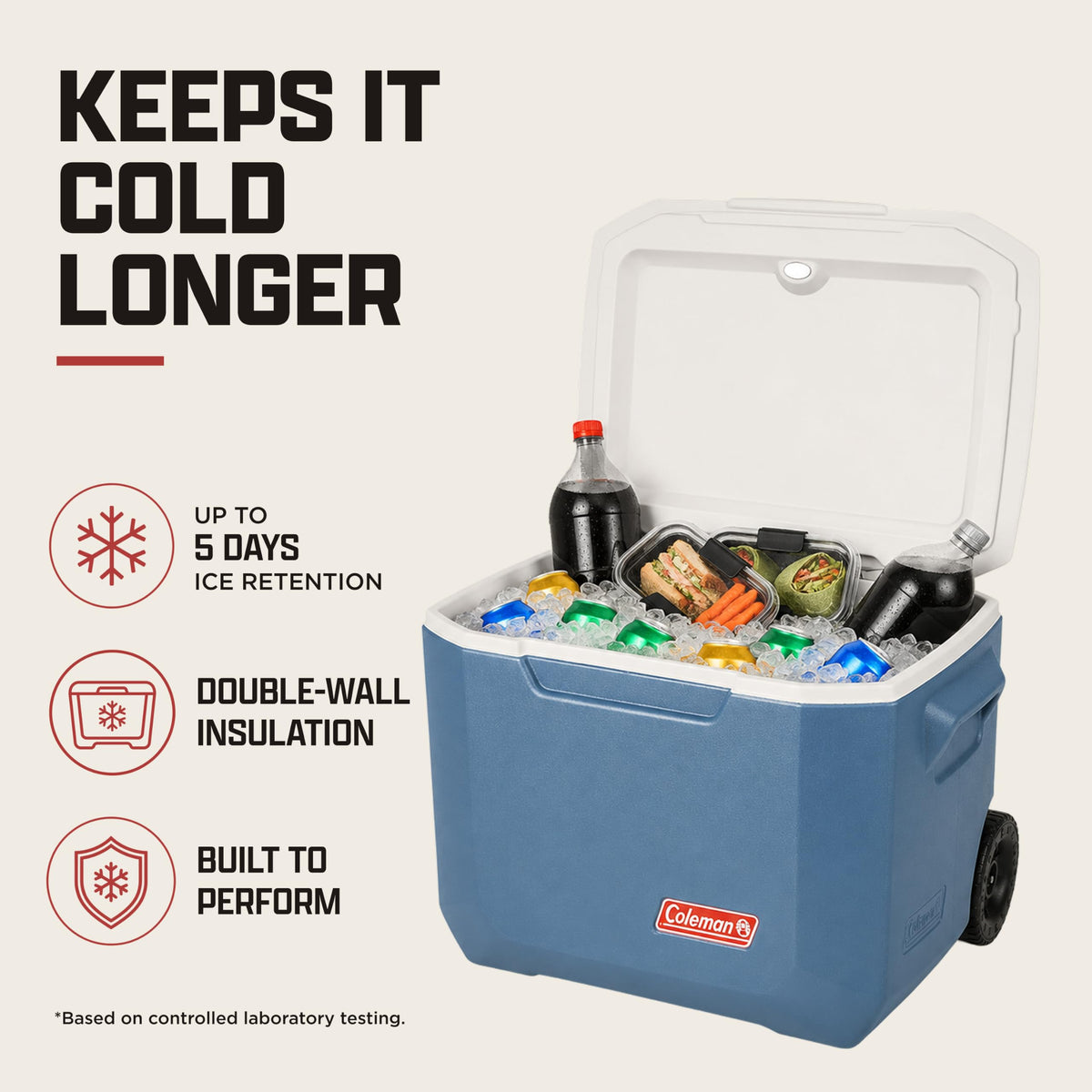 Coleman Xtreme 50qt Rolling Cooler with Wheels, Extra-Walled Insulation Keeps Ice up to 5 Days, Portable Wheeled Hard Chiller