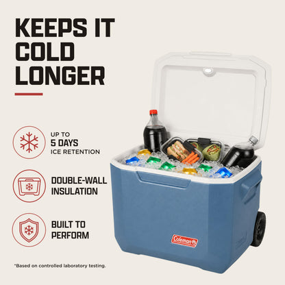 Coleman Xtreme 50qt Rolling Cooler with Wheels, Extra-Walled Insulation Keeps Ice up to 5 Days, Portable Wheeled Hard Chiller