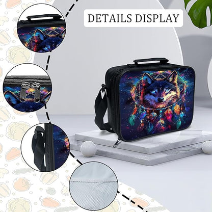 Wolf Backpack Set 3 Piece School Bags and Lunch Box with Pencil Case Blue Cool Wolf Dream Catcher Bookbag Set for Toddler Kids Girls Boys Teens Kindergarten Elementary Middle