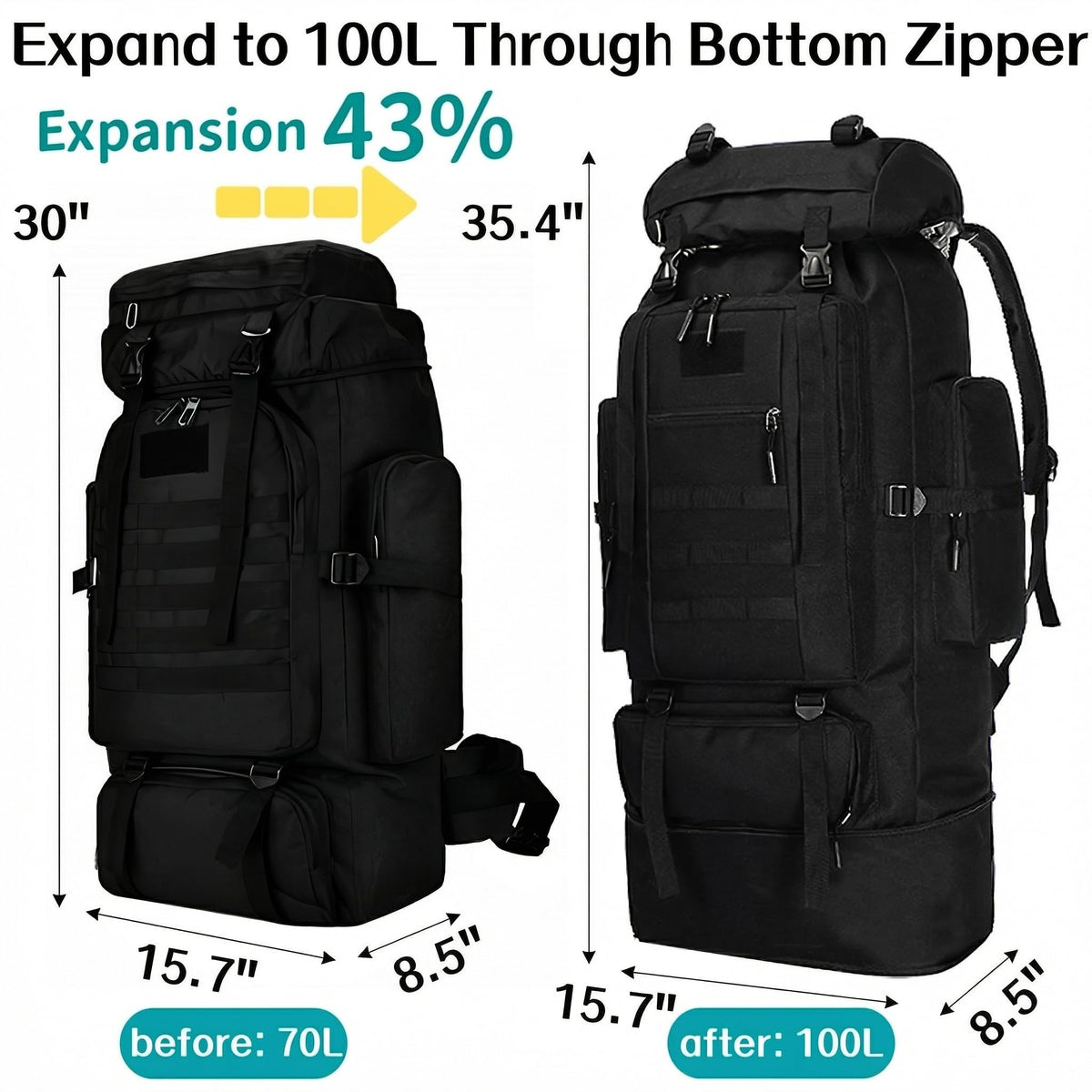 Goaste 100L Camping Hiking Backpack, Molle Military Tactical Rucksack, Waterproof Large Travel Daypack, Adjustable Survival Hunting Sports Bag for Men and Women Hiking, Camping, Touring(Black)