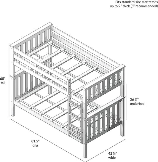 Max & Lily Bunk Bed Twin over Twin, Solid Wood Bunk Bed Frame with Ladder for Kids, 14" Safety Guardrails, Easy Assembly, No Box Spring Needed, Blue