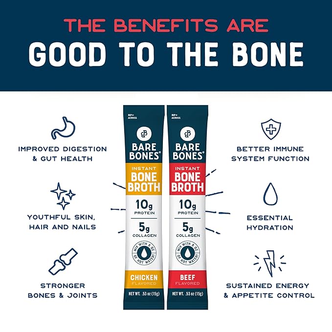 Bare Bones Bone Broth Instant Powdered Beverage Mix, Chicken & Beef, Variety Pack of 8, 4 Chicken & 4 Beef - 15g Sticks, 10g Protein, Keto & Paleo Friendly