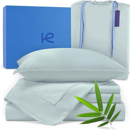 Kickoff Viscose Bamboo Sheets Full Size 4-pc 100% Organic Bamboo Viscose Bed Cooling Sheets Full Size Set Cool Bedding for hot Sleepers Sheet, Flat, Fitted, Pillowcases (Coastal Blue, F)