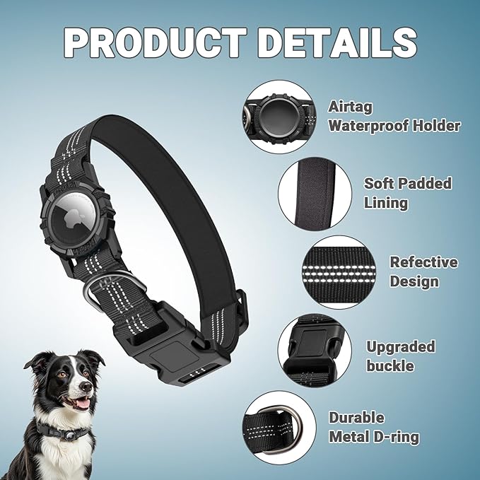 AirTag Dog Collar, IP68 Waterproof Integrated Air Tag Dog Collars with Reflective, Ultra-Durable, Comfortable Padded, Heavy Duty Dog Collars for Small Medium Large Dogs, S (10.6"-13.6"), Black