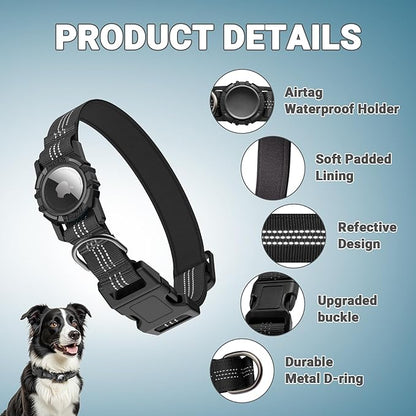 AirTag Dog Collar and Leash, IP68 Waterproof Integrated with Reflective, Ultra-Durable, Comfortable Padded, Heavy Duty Dog Collars for Small Medium Large Dogs, S (10.6"-13.6"), Black