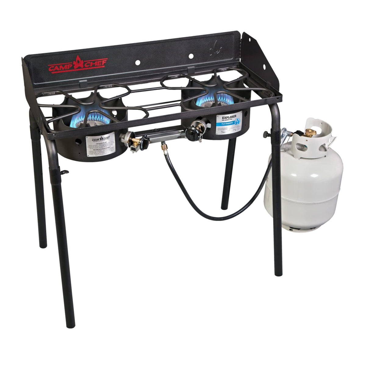 Camp Chef Explorer, Two Burner Stove, Two 30,000 BTU's cast-aluminum burners, Cooking Dimensions: 14 in. x 32 in, Black