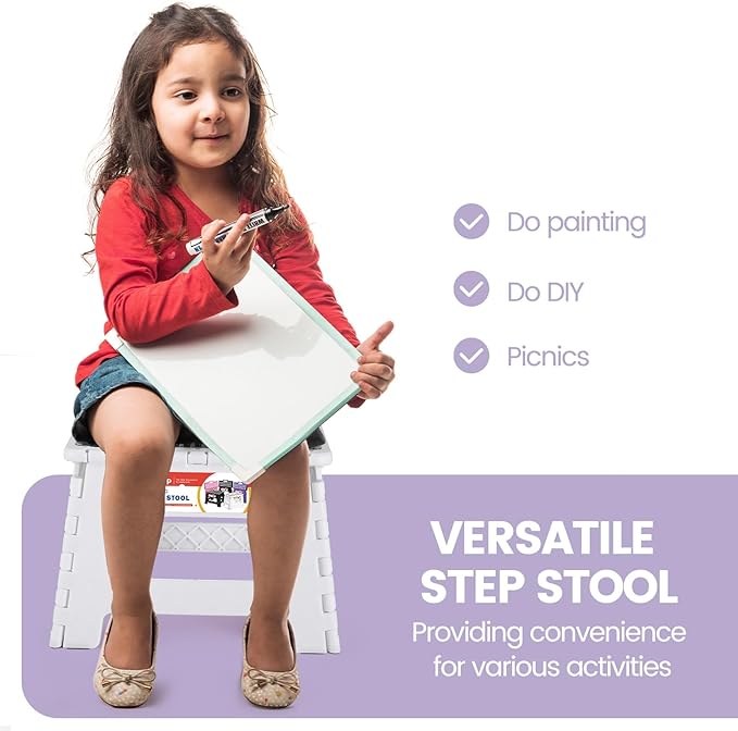ACSTEP 9 Inch Folding Step Stool 300 LB Capacity Non Slip Foot Stool with Handle Plastic Foldable Step Stools for Kids Stepping Stool for Bathroom Black Small Step Stool (1 PC White)