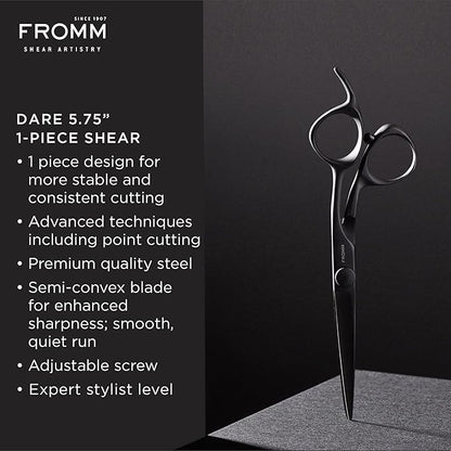 Fromm Professional Dare 5.75" 1-Piece Precision Slide & Point Hair Cutting Shears in Matte Black Japanese Steel Scissors with Semi-Convex Blade for Expert Salon Stylists