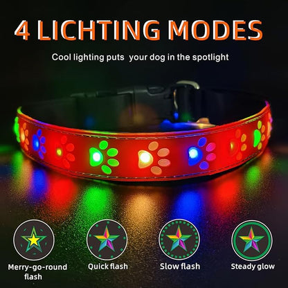 LED Light Up Dog Collar, USB-C Rechargeable, Multicolor Paw Print Design, 15 Modes Lighting Night Safety (RED Pro, M(11.8-15.7"))