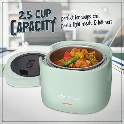 Nostalgia Portable 20-Ounce Electric Heated Lunch Box – Travel Size 2.5 Cup Capacity for Soup, Chili, and Leftovers – Leak Proof Silicone Sealed Lid, Foldable Carry Handle, Detachable Cord – Sage