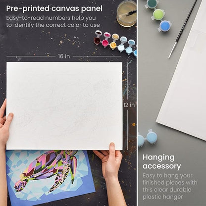 ARTEZA Paint by Number for Adults, 12x16 Inches, 21 Pieces, Turtle Paint by Numbers Kit, Comes with 1 Canvas Panel, 12 Acrylic Paint Pots, 5 Paintbrushes, Art Supplies for Home & Office Wall Decor