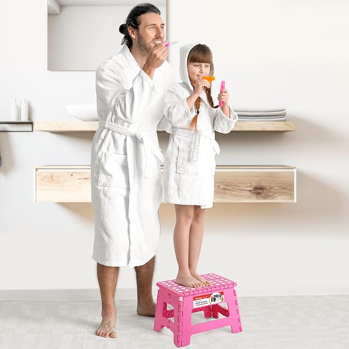 ACSTEP 9 Inch Folding Step Stool - The Lightweight Step Stool is Sturdy and Safe Enough. Opens Easy with One Flip. Great for Kitchen, Bathroom, Bedroom Pink