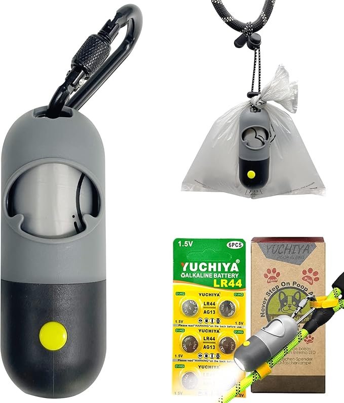 Dog Poop Bags Holder with LED Flashlight|Pet Waste Bags Dispenser for Leash|Doggie Potty Bags Container with Leak-proof Pet Trash Bags and Accessories (1 Holder 15 Bags, Grey and Black)