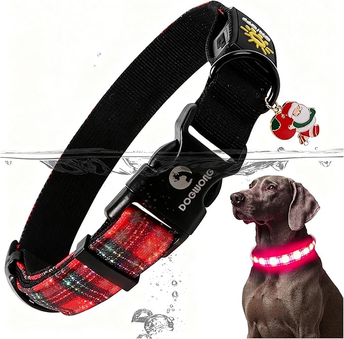 DOGWONG LED Dog Collar - Christmas Red Plaid Heavy Duty Light up Dog Collars - Rechargeable Waterproof - Lighted Dog Collars for Night Walking, Hiking, Camping(Red Plaid,M)